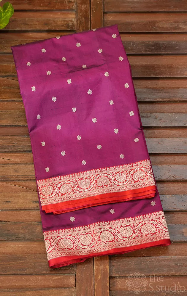Purple katan banarasi silk saree with red border