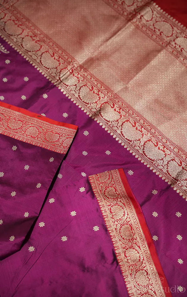 Purple katan banarasi silk saree with red border