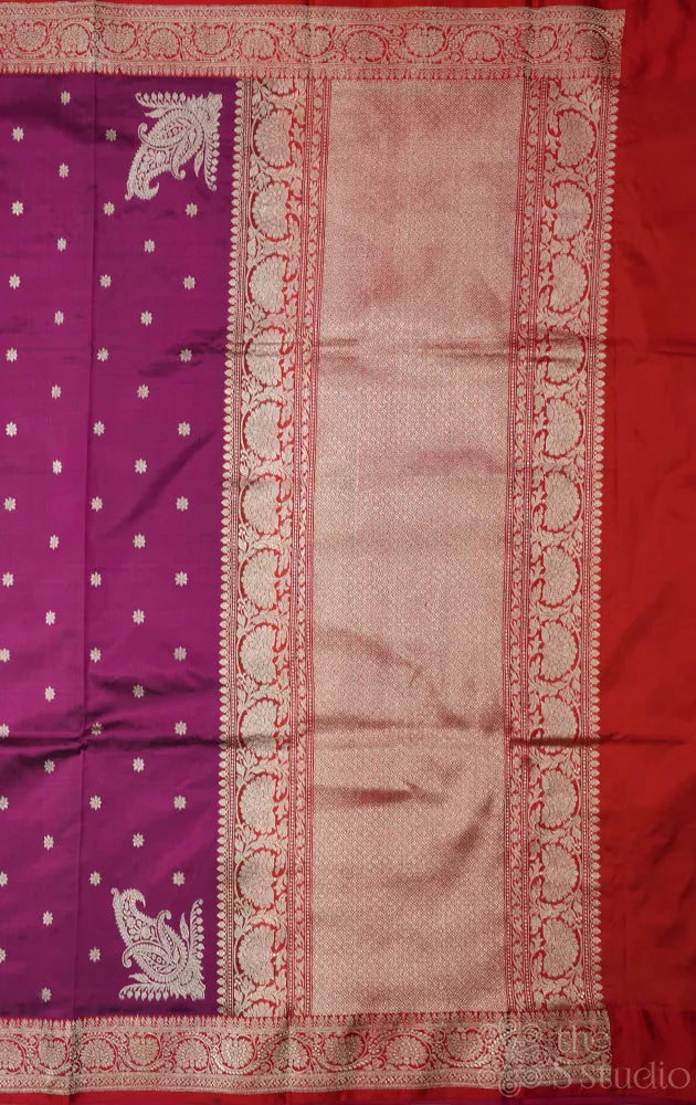 Purple katan banarasi silk saree with red border