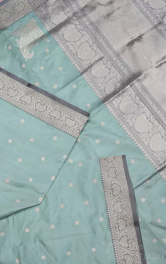 Powder blue handwoven lightweight banarasi katan silk saree with grey contrast border