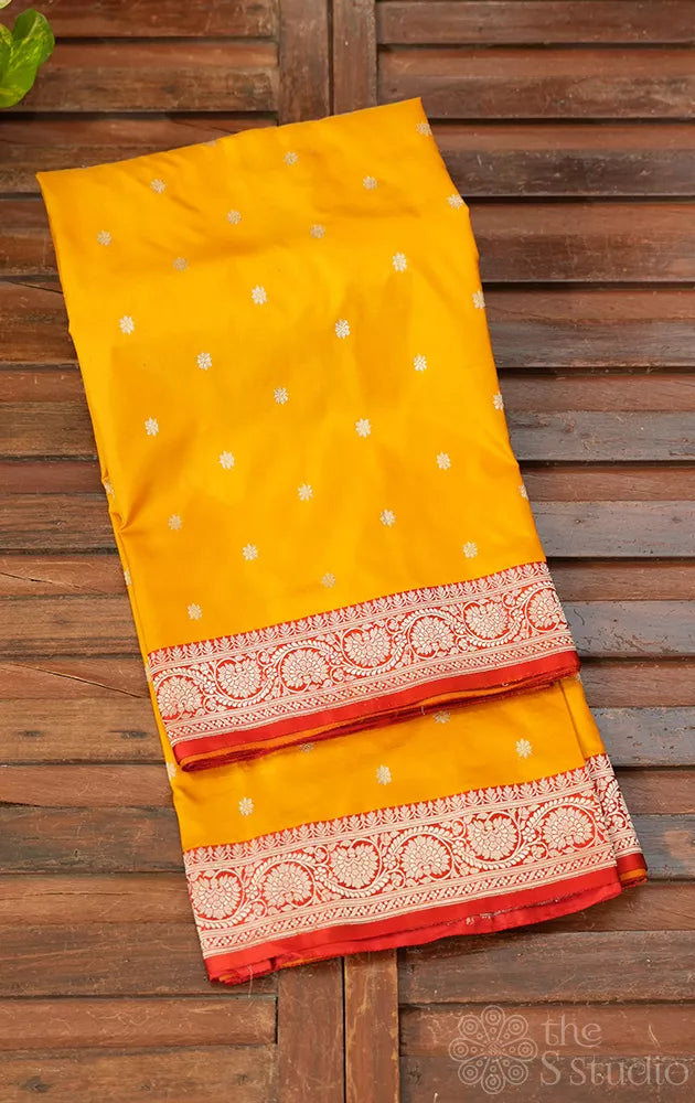 Mango yellow katan banarasi silk saree with small zari buttas