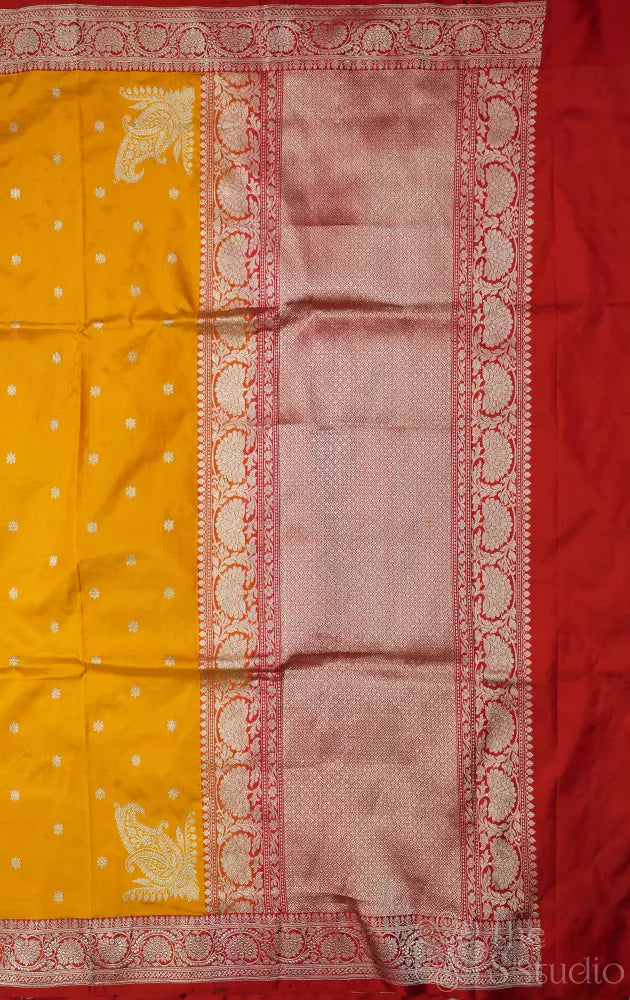 Mango yellow katan banarasi silk saree with small zari buttas