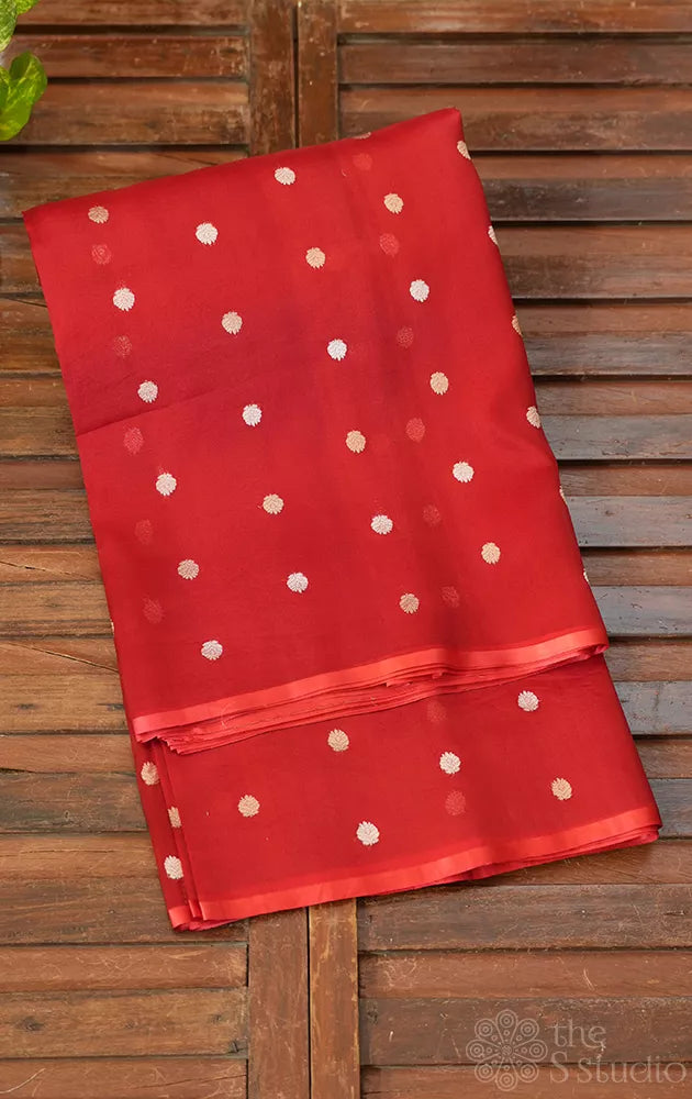 Red organza banarasi silk saree with zari buttas
