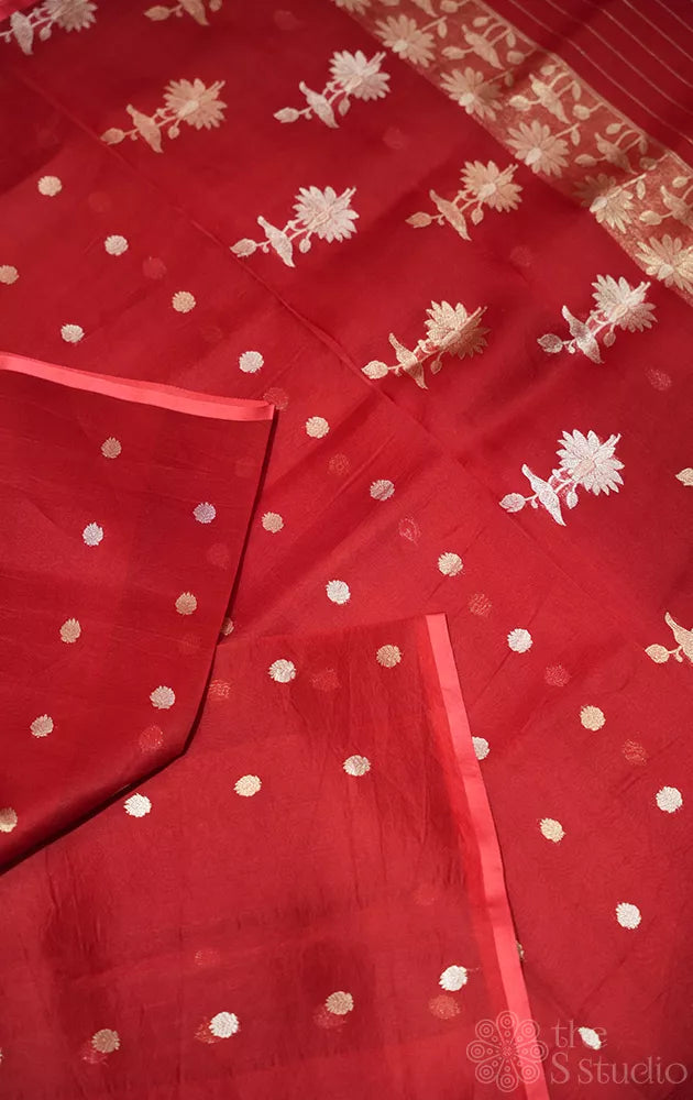 Red organza banarasi silk saree with zari buttas