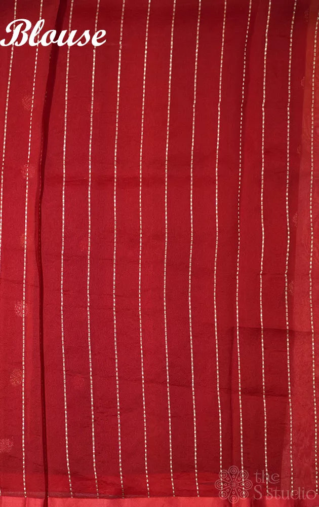 Red organza banarasi silk saree with zari buttas