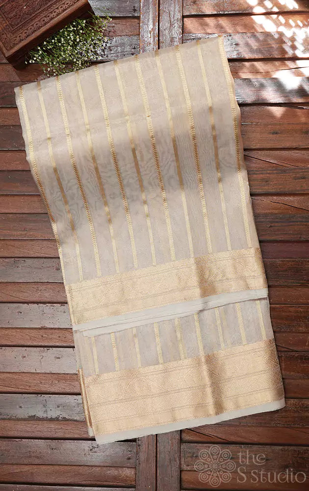 Beige golden stripes banarasi tissue silk saree