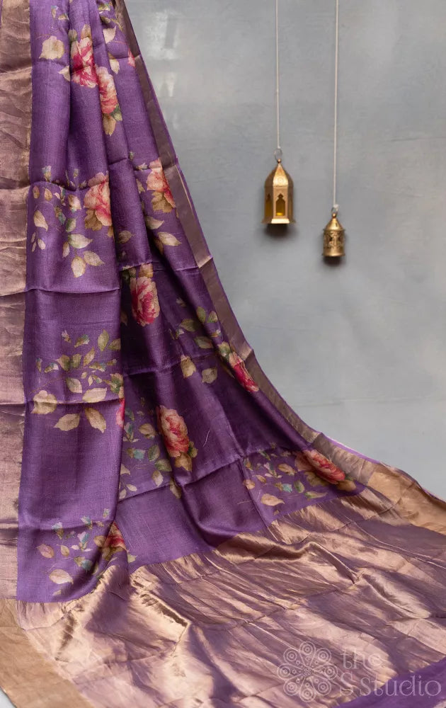 Violet floral printed tussar banarasi silk saree