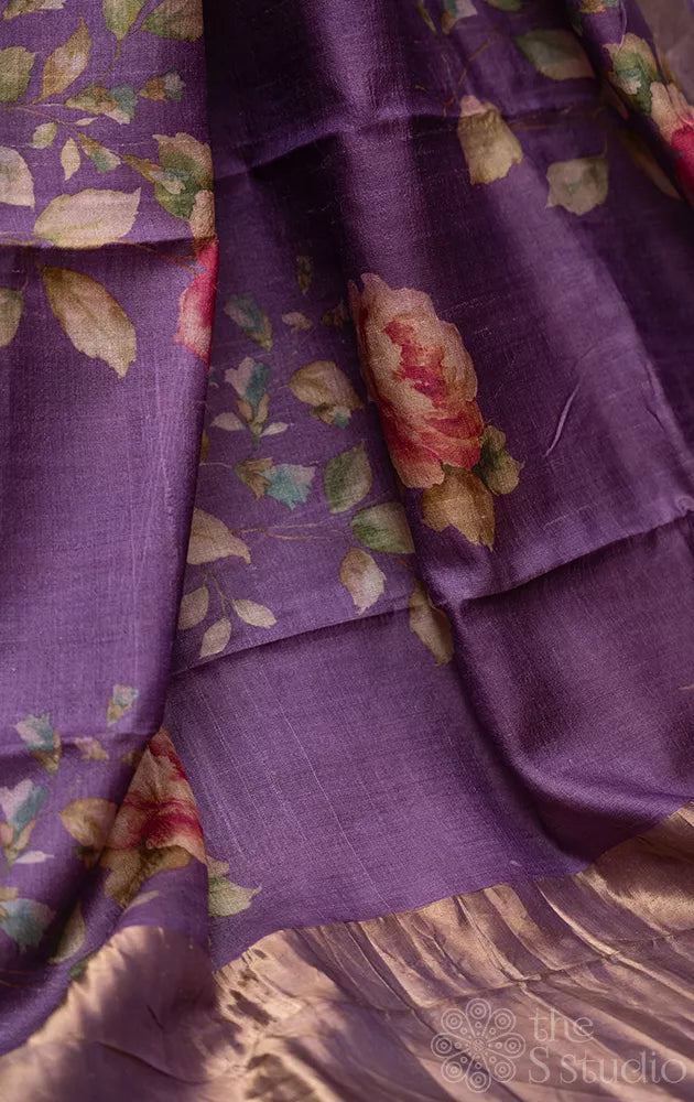 Violet floral printed tussar banarasi silk saree
