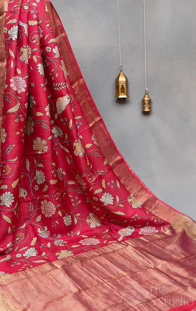Magenta printed tussar banarasi silk saree with zari pallu