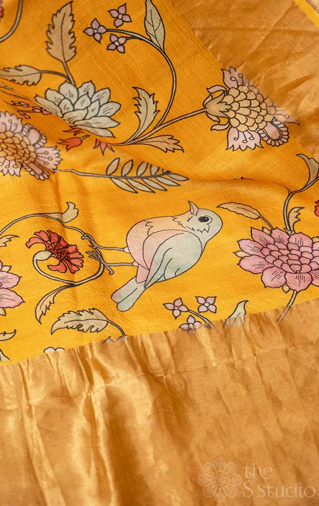Orangish yellow printed tussar banarasi silk saree