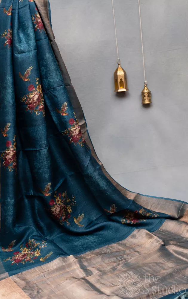 Blue tussar banarasi silk saree with floral prints