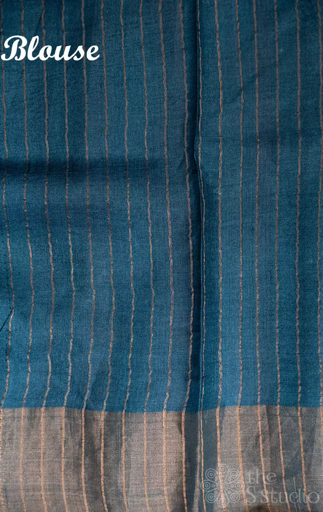 Blue tussar banarasi silk saree with floral prints