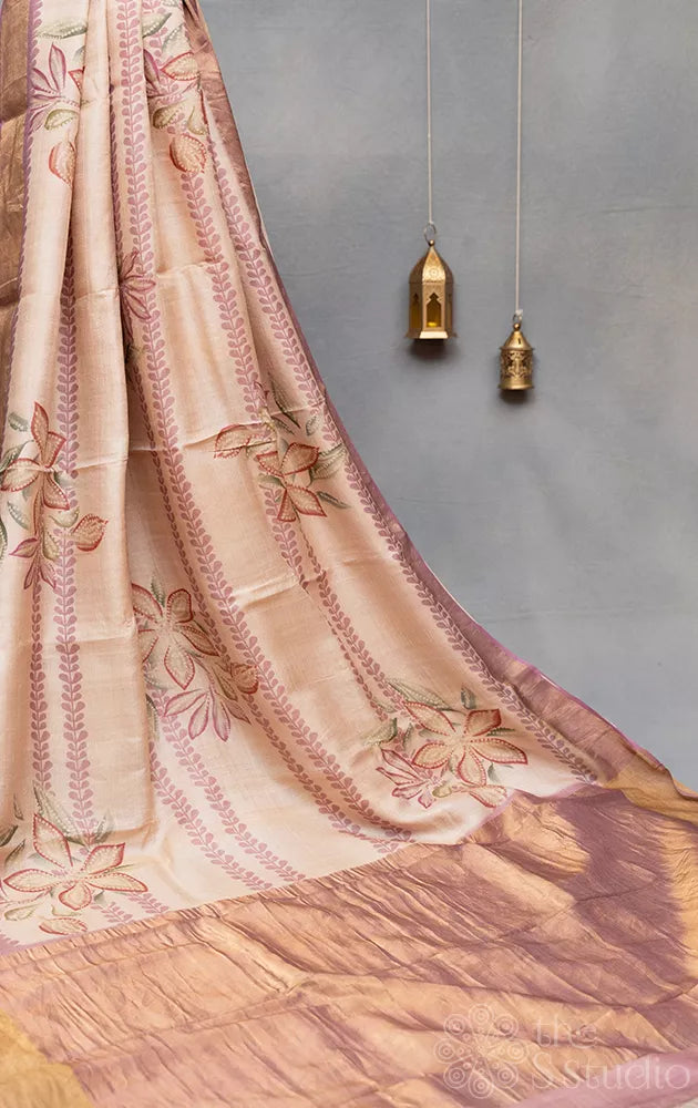 Dusty pink tussar banarasi silk saree with floral prints
