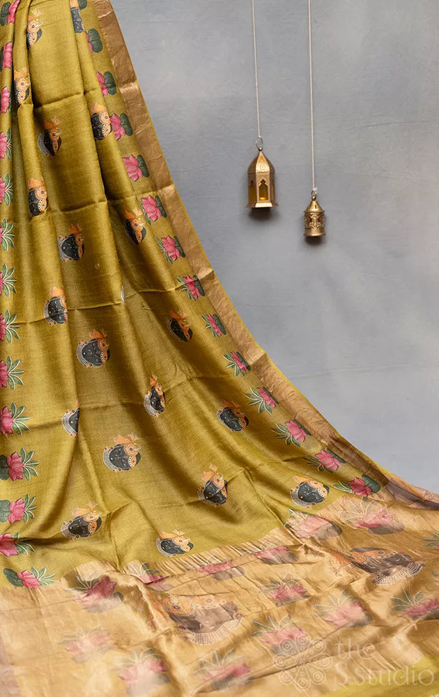 Chutney green printed tussar banarasi silk saree