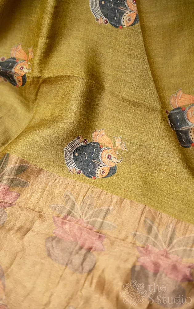 Chutney green printed tussar banarasi silk saree