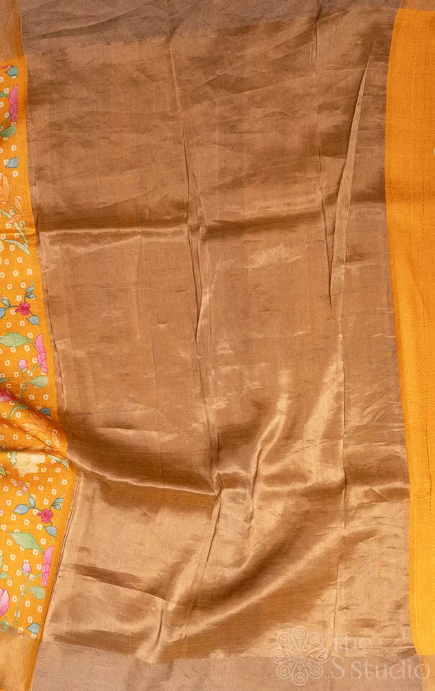 Orange tussar banarasi silk saree with bandhini prints