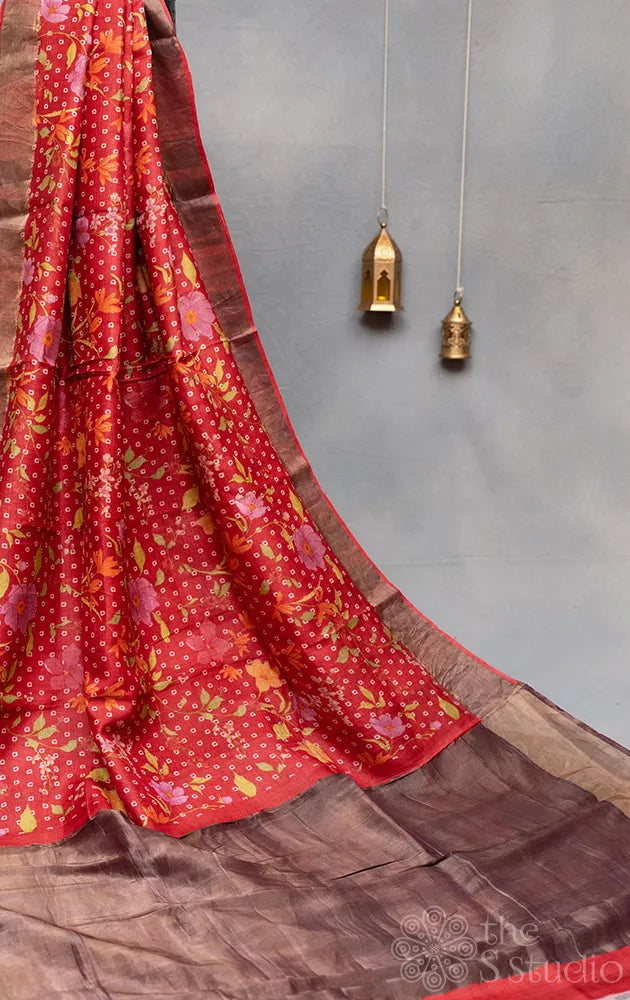 Red tussar banarasi silk saree with bandhini prints
