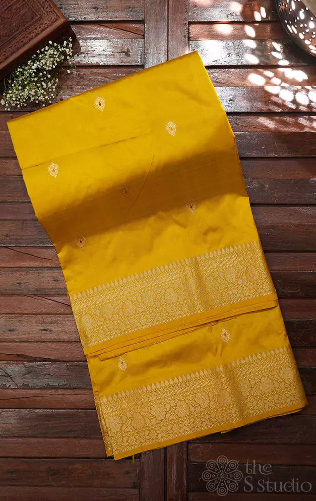 Yellow handloom lightweight banarasi katan silk saree with meena buttas