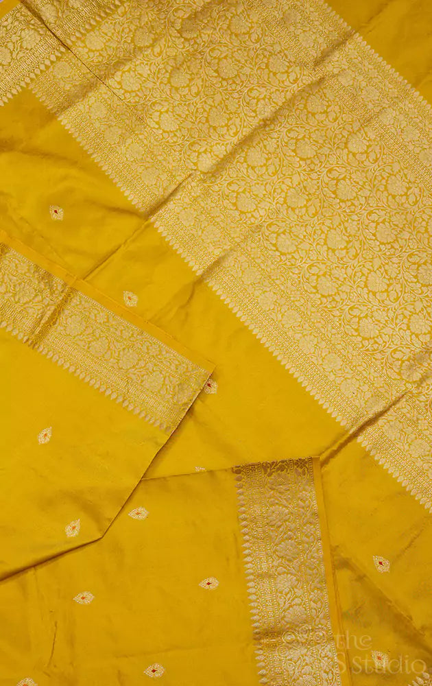 Yellow handloom lightweight banarasi katan silk saree with meena buttas
