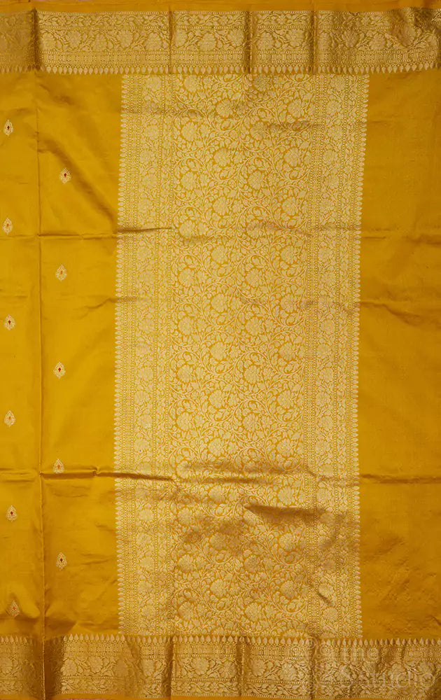 Yellow handloom lightweight banarasi katan silk saree with meena buttas