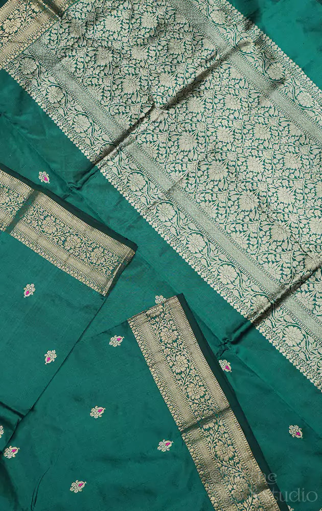 Rama green handloom banarasi katan silk saree with meena buttas