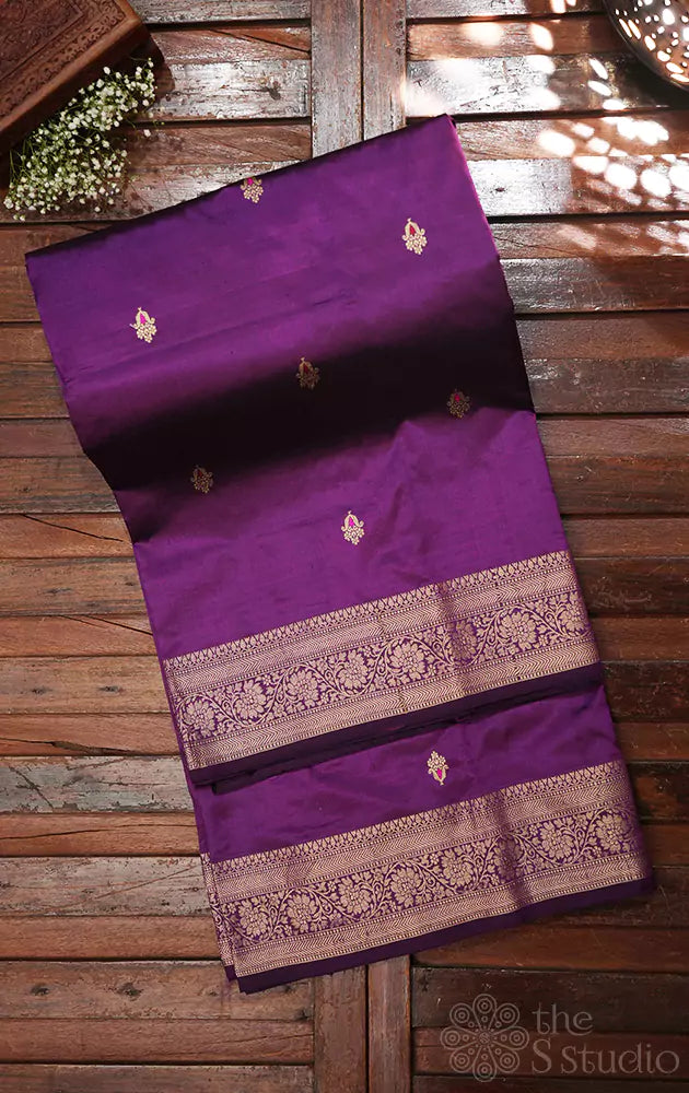 Purple handwoven banarasi katan silk saree with self border
