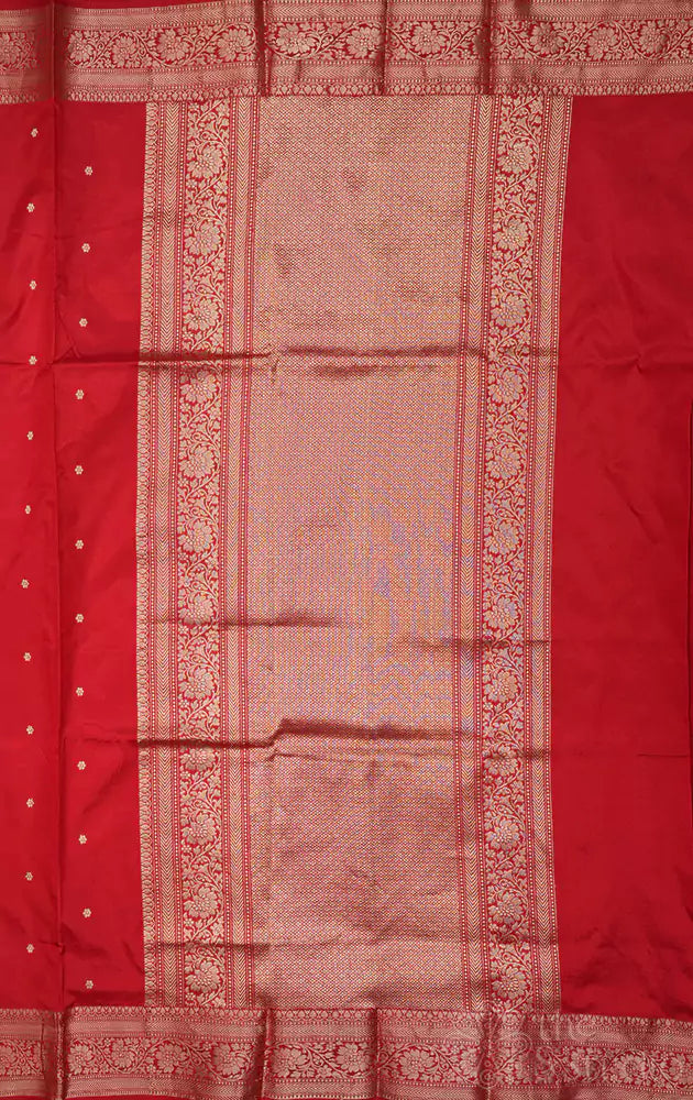Bright red handwoven banarasi katan silk saree with small buttas