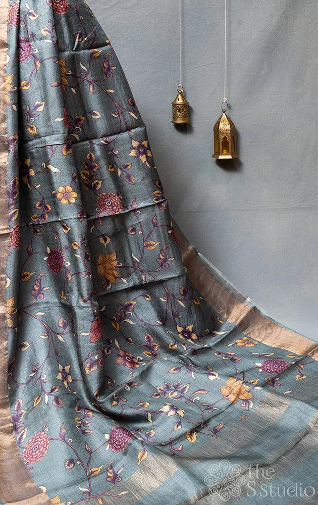 Grey tussar silk saree with zari border
