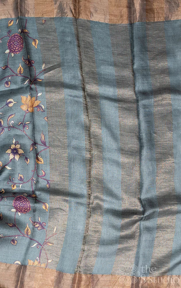 Grey tussar silk saree with zari border
