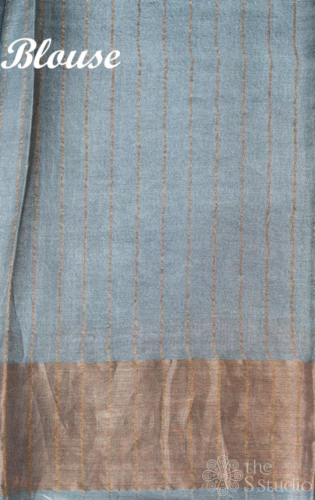 Grey tussar silk saree with zari border