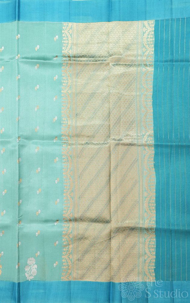 Bluish green soft banarasi handloom katan silk with gold and silver buttas