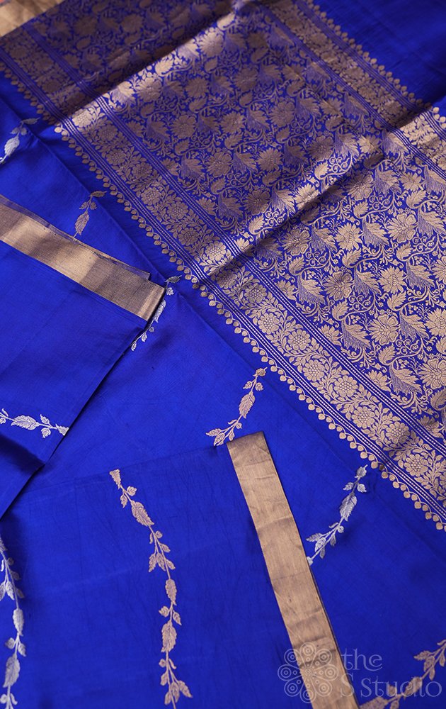 Royal blue handloom soft katan banarasi silk saree with wavy zari pattern