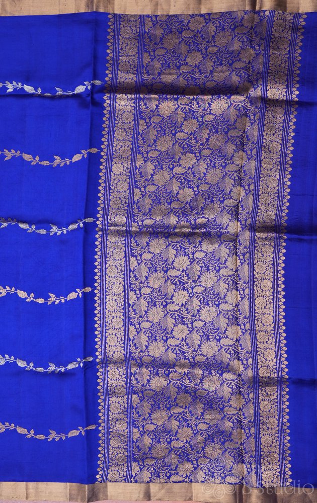 Royal blue handloom soft katan banarasi silk saree with wavy zari pattern