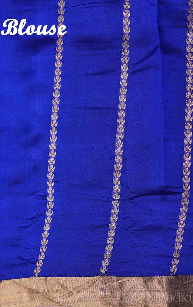 Royal blue handloom soft katan banarasi silk saree with wavy zari pattern
