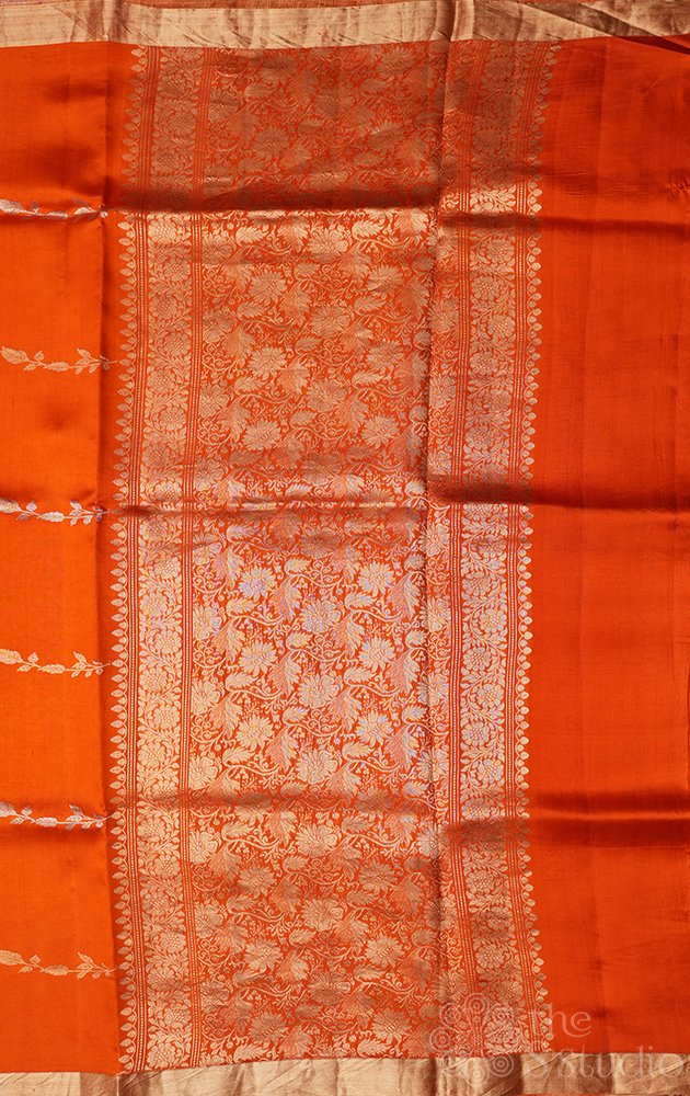 Orange handloom soft katan banarasi silk saree with wavy zari pattern