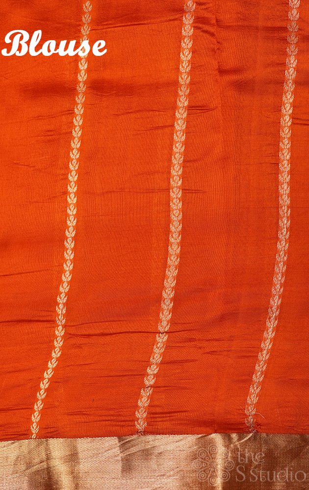 Orange handloom soft katan banarasi silk saree with wavy zari pattern