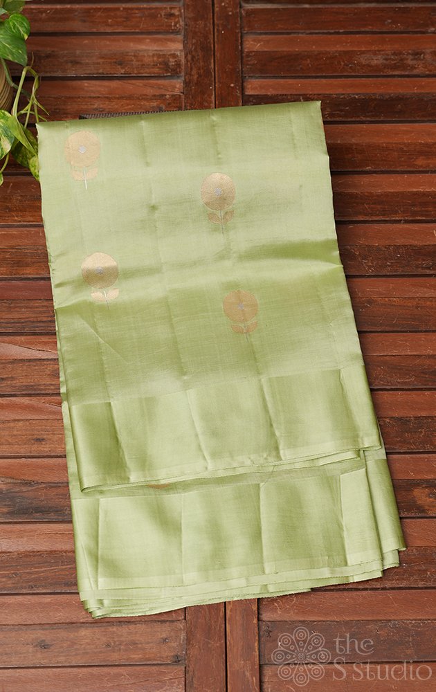 Light pista green handloom soft katan banrasi silk saree with satin border