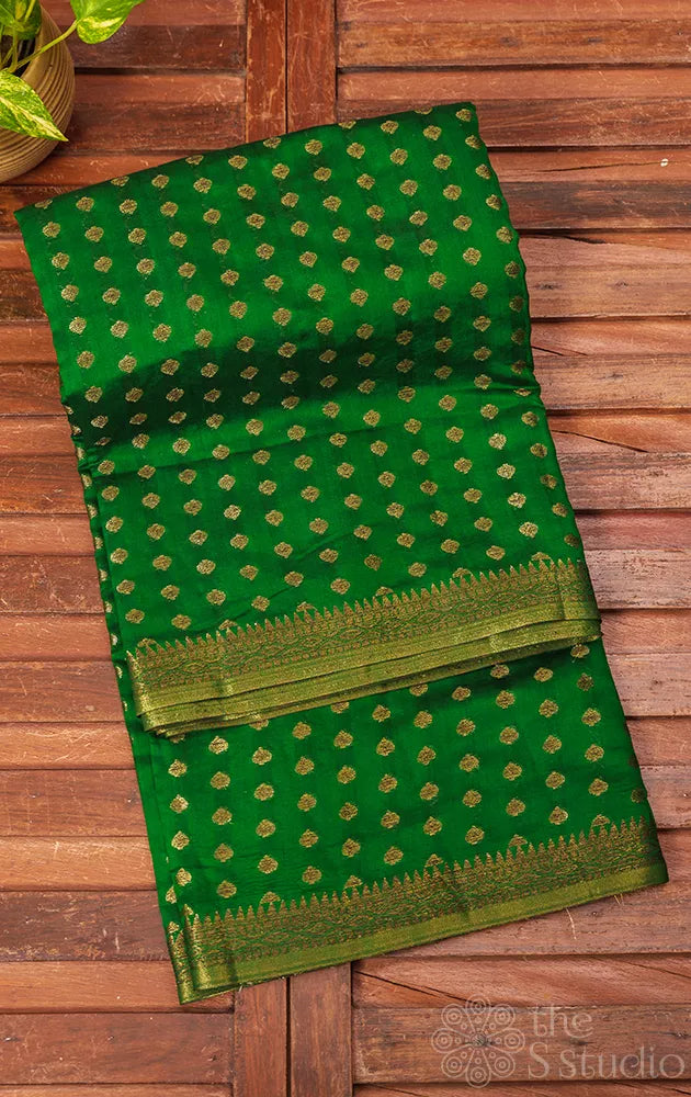 Green banarasi chiniya silk saree with small antique zari buttas
