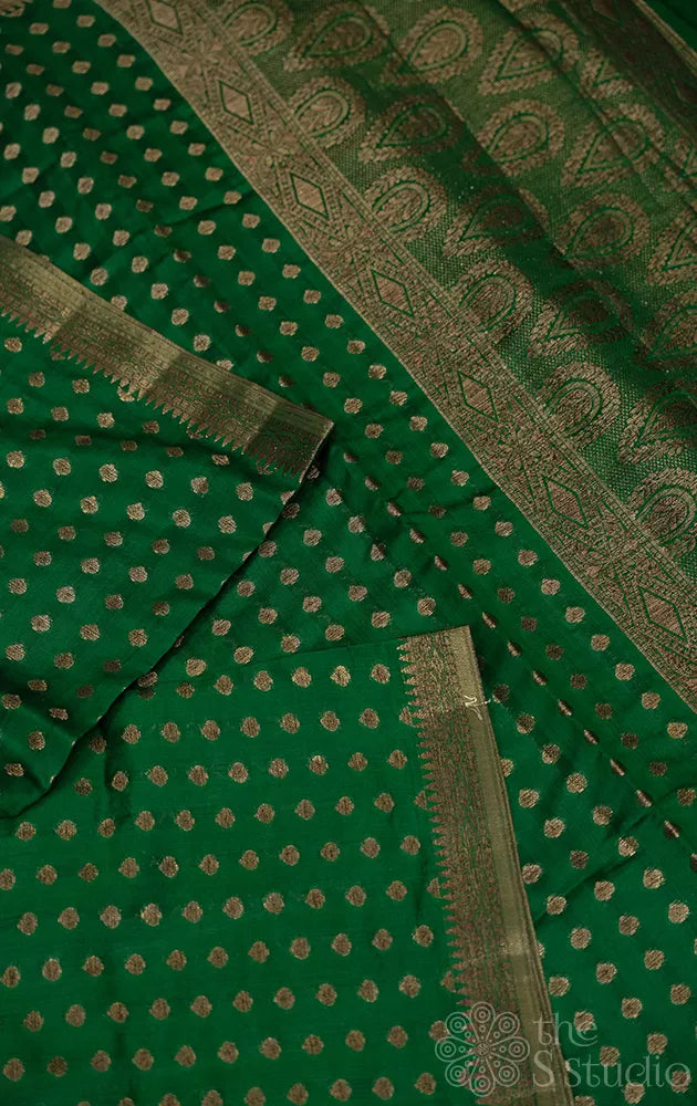 Green banarasi chiniya silk saree with small antique zari buttas