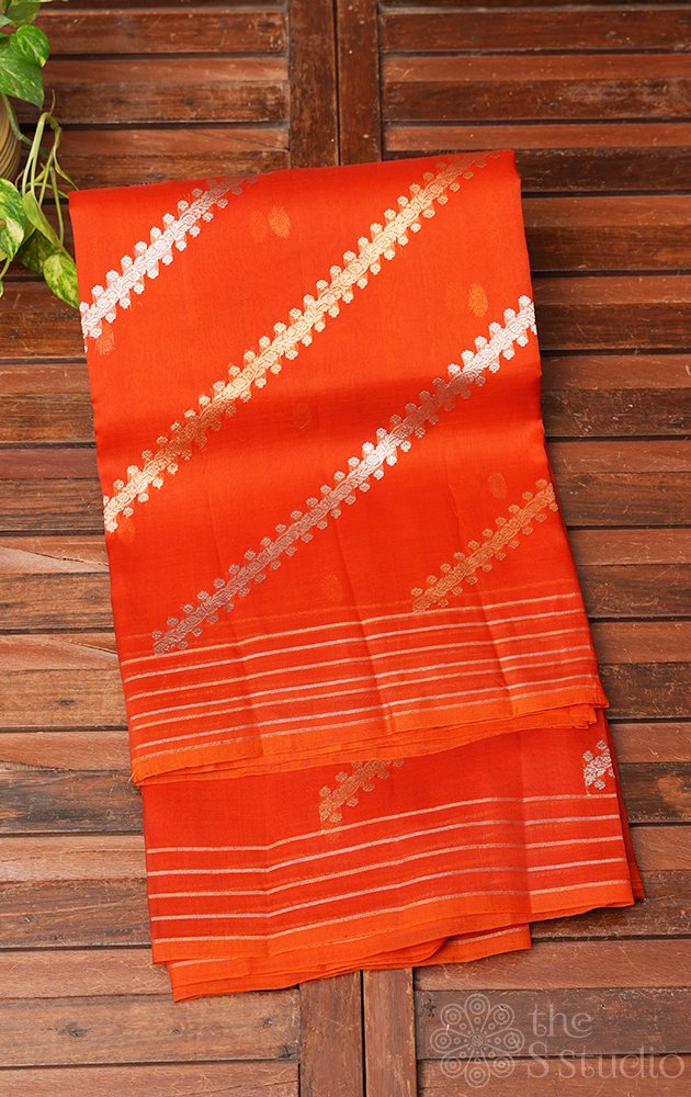 Orange handloom banarasi organza silk saree with woven zari lines