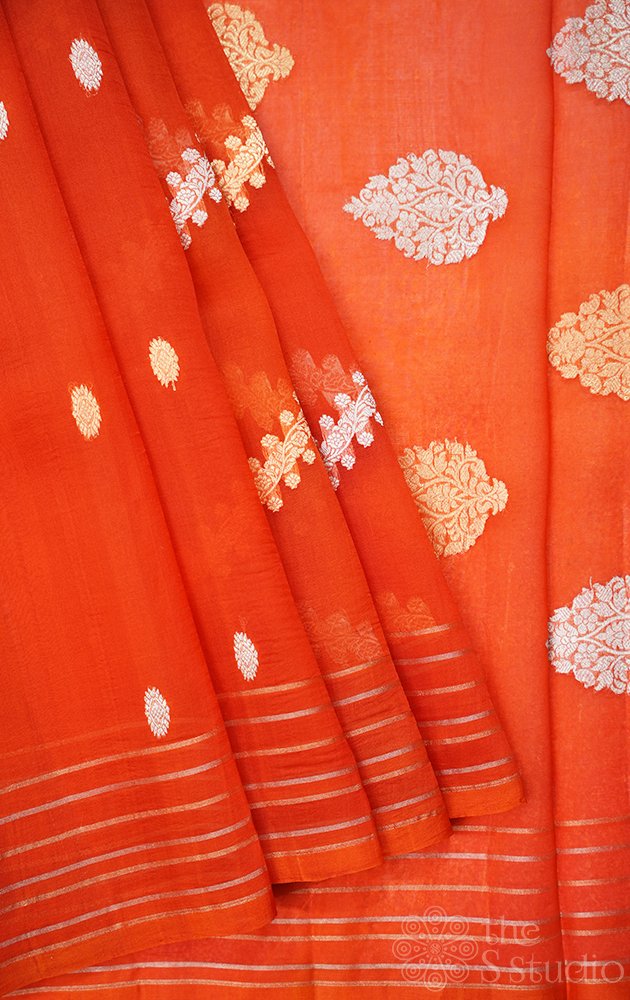 Orange handloom banarasi organza silk saree with woven zari lines