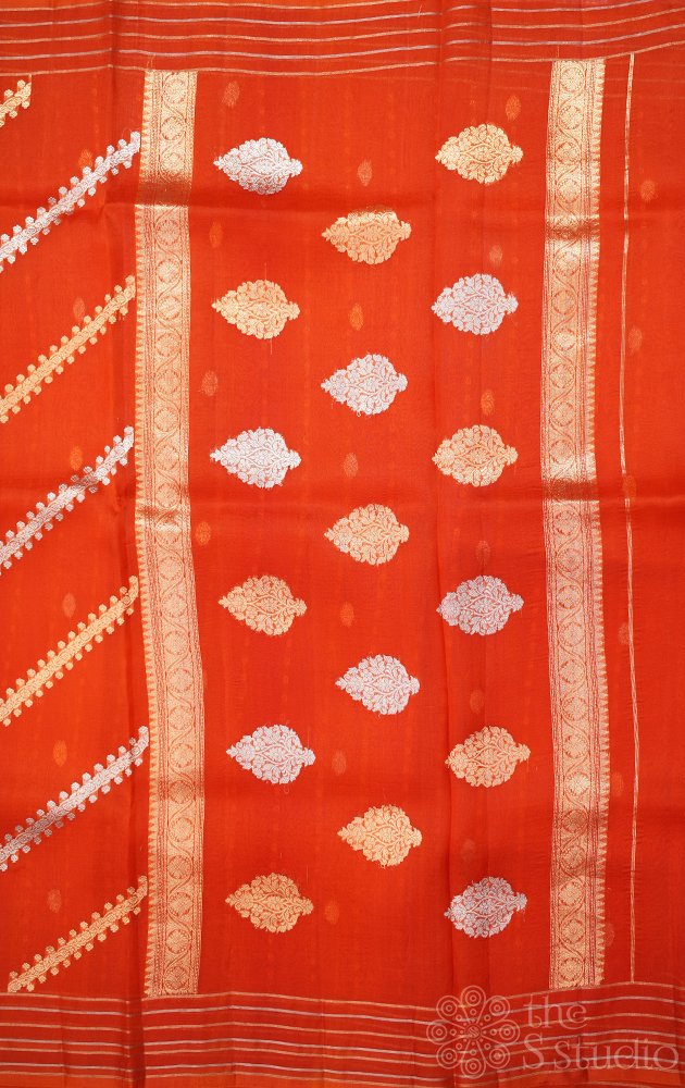 Orange handloom banarasi organza silk saree with woven zari lines