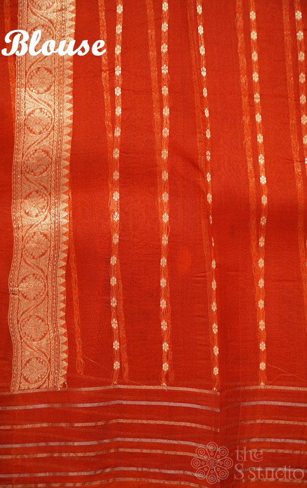 Orange handloom banarasi organza silk saree with woven zari lines
