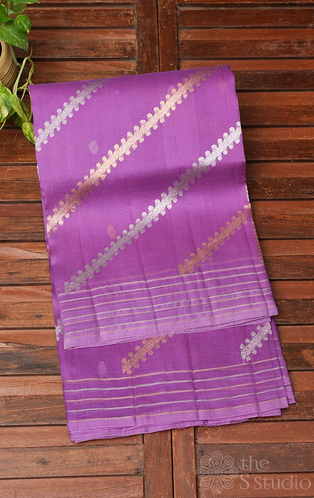 Lavendar handloom banarasi organza silk saree with woven zari lines