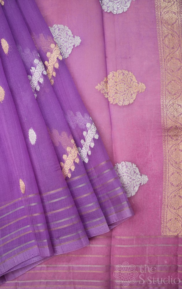 Lavendar handloom banarasi organza silk saree with woven zari lines