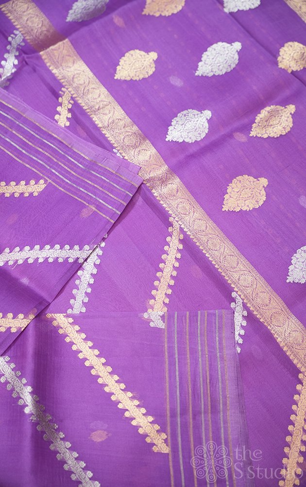 Lavendar handloom banarasi organza silk saree with woven zari lines