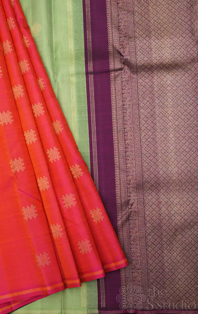 Peachish orange kanchi silk saree with double pallu