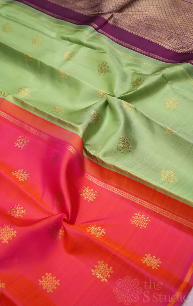 Peachish orange kanchi silk saree with double pallu