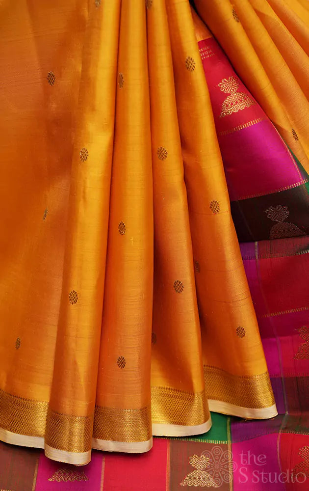 Yellow kanchi silk saree with paalum pazhamum checks pallu and blouse