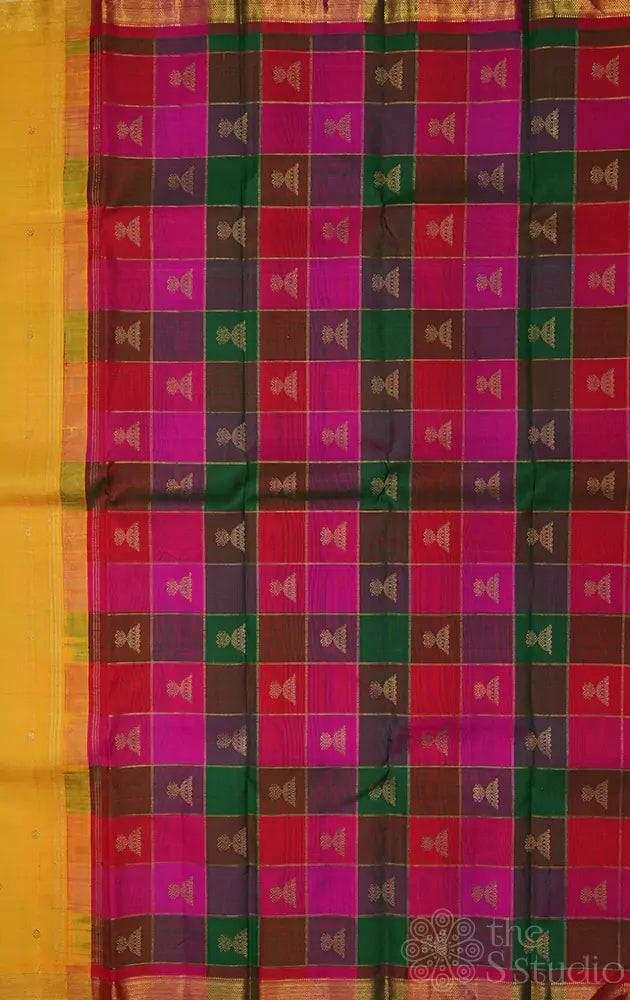 Yellow kanchi silk saree with paalum pazhamum checks pallu and blouse